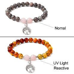 Машан Нефрит Браслеты из натуральных флуоресцентных сиенитовых камней и машана с круглыми бусинами, Женские браслеты с подвесками из сплава «Древо жизни», внутренний диаметр: 2-3/8 дюйм (6.1 см)