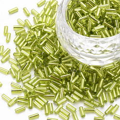 Желто-Зеленый Никелированный стеклянные бусины стеклярус, металлических цветов, желто-зеленый, 4~5x2 мм, отверстие : 1 мм, Около 14000 шт / фунт