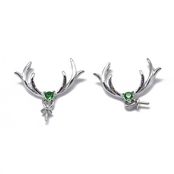 Platinum Rhodium Plated 925 Sterling Silver Pendant Bails, with Cubic Zirconia, For Half Drilled Beads, Green, Platinum, 17x19x3.5mm, Hole: 1.6mm