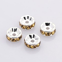 Light Colorado Topaz Brass Rhinestone Spacer Beads, Grade AAA, Straight Flange, Nickel Free, Silver Color Plated, Rondelle, Light Colorado Topaz, 4x2mm, Hole: 0.8mm