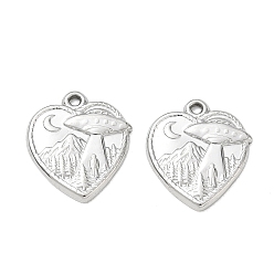 Stainless Steel Color 304 Stainless Steel Pendants, Heart with UFO & Mountain Charms, Stainless Steel Color, 21x18x2mm, Hole: 1.6mm