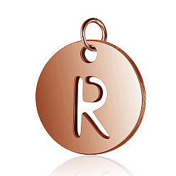 Letter R 304 прелести нержавеющей стали, плоские круглые с буквы, розовое золото , буква r, 12x1 мм, отверстие : 2.5 мм