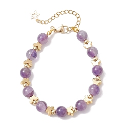 Аметист Браслеты из натурального аметиста и латунных бусин для женщин, круглый и клевер, 7-3/4 дюйм (19.6 см)