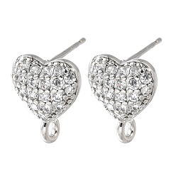 Платина Латунные серьги-гвоздики из циркония, без кадмия и без свинца, долговечный, стойки покрытие, сердце прелести, платина, 12x10 мм, отверстие : 1.8 мм, штифты : 0.8 мм