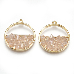 Misty Rose Alloy Glass Pendants, Flat Round, Light Gold, Misty Rose, 24.5x22x4~5mm, Hole: 1.2mm