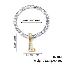 Letter L Модные латунные браслеты с подвесками из прозрачных кубических цирконий с микропаве, теннисные браслеты со стразами для женщин, буквы, Письмо L, 7-1/2 дюйм (19 см)