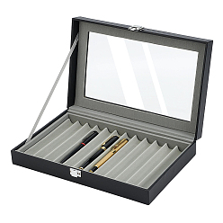 Plata Cajas organizadoras de bolígrafos de piel sintética negra con tapa de cristal transparente., Rectángulo, con cierres de aleación y terciopelo en el interior, plata, 30.7x19.6x6 cm