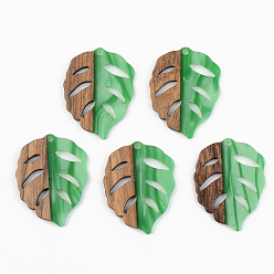 Зеленый Подвески из непрозрачной смолы и ореха, лист, зелёные, 37x28x3 мм, отверстие : 2 мм