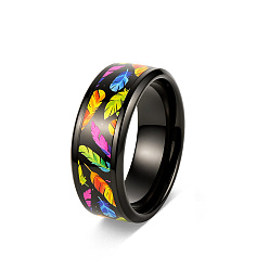 Black Printed 304 Stainless Steel Finger Rings, Feather, Black, 8mm, US Size 10(19.8mm)