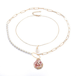 Golden Shell Pendants Necklaces Set, with Iron Paperclip Chains, Brass Cable Chains, Natural Shell Beads and Glass Pearl, Golden, 25.2 inch(61cm), 16.33 inch(41.5cm), 2pcs/set