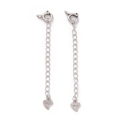 Antique Silver 925 Sterling Silver Chain Extenders, with Spring Ring Clasps & Charms, Heart, Antique Silver, 59x5.8mm, Hole: 1.6mm