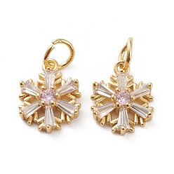 Pink Brass Micro Pave Cubic Zirconia Pendants, with Jump Rings, Real 18K Gold Plated, Long-Lasting Plated, Snowflake, Pink, 17x10x3mm, Jump Ring: 5.5x1mm, Inner Diameter: 4mm