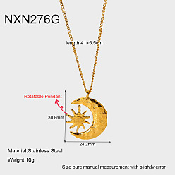 Lune 304 Colliers à pendentif rotatif en acier inoxydable, or, lune avec soleil, 16.14 pouce (41 cm)