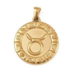 Телец 304 подвески из нержавеющей стали, ионное покрытие (ip), плоские круглые с созвездием, золотые, Телец, 28x25x2.5 мм, отверстие : 4.5x3.5 мм
