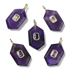 Аметист Граненые подвески из натурального аметиста, шестиугольные подвески с латунными микропаве и фианитами кубического циркония случайного цвета, золотые, 32x15.5x7 мм, отверстие : 4x2 мм