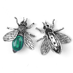 Малахит Брошь пчелы из синтетического малахита, брошь в форме насекомого из сплава со стразами, античное серебро, 48x40 мм