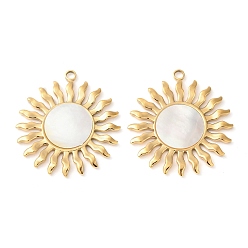 Настоящее золото 18K 304 подвески из натуральной белой ракушки из нержавеющей стали, солнечные чары, ионное покрытие (ip), реальный 18 k позолоченный, 38.5x35x2 мм, отверстие : 2.5 мм