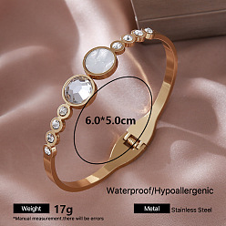 Flat Round 304 Stainless Steel Crystal Rhinestone Hinged Cuff Bangles for Women, Golden, Flat Round, Inner Diameter: 2.36 inch(6cm)