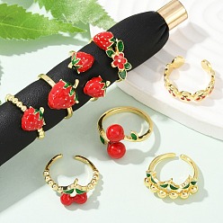 Настоящее золото 18K Латунные эмалевые открытые манжеты для женщин, фруктовые темы, стойки покрытие, прочное покрытие, без кадмия и без свинца, реальный 18 k позолоченный, размер США 5 (15.7 мм)