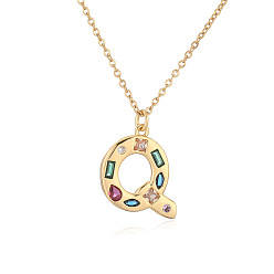 Letter Q Ожерелья с подвесками-инициалами из латуни и разноцветными кубическими цирконами для женщин, реальный 18 k позолоченный, Буква Q, 17.72 дюйм (45 см), Кулон : 23x19 мм