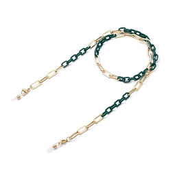 Dark Green Eyeglasses Chains, Neck Strap for Eyeglasses, with Cellulose Acetate(Resin) & Iron Paperclip Chains, 304 Stainless Steel Lobster Claw Clasps and Rubber Loop Ends, Light Gold, Dark Green, 27.36~27.76 inch(69.5~70.5cm)
