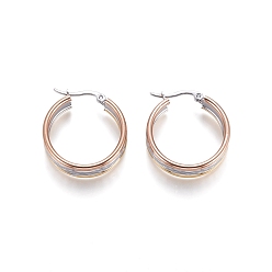 Многоцветный Серьги из 304 нержавеющей стали, гипоаллергенные серьги, трехцветный, текстурированное кольцо, многоцветные, 25x8 мм, штифты : 1x0.6 мм