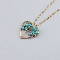 Synthetic Turquoise Synthetic Turquoise Chip Beaded Tree of Life Alloy Heart Pendant Necklaces, Golden, 20.87 inch(53cm)