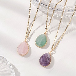 Смешанные камни 3 шт. 3 стили подвеска в форме капли из медной проволоки с натуральным аметистом, зеленым авантюрином и розовым кварцем 304 ожерелья из нержавеющей стали с цепочкой, золотые, 17.83 дюйм (45.3 см), 1 шт / стиль