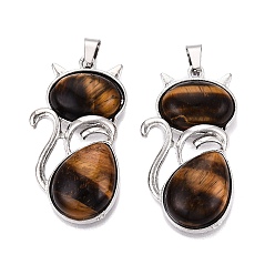Tiger Eye Natural Tiger Eye Pendants, Alloy Cat Shape Bezeled Charms, Platinum, 44~44.5x23.5~24x8~9.5mm, Hole: 7.5x4mm