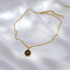 Настоящее золото 18K Французские винтажные ожерелья из нержавеющей стали с черной эмалью в форме овала и звездой для женщин, реальный 18 k позолоченный, 15.75 дюйм (40 см)