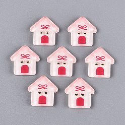 Pink 2-Hole Printed Resin Buttons, House, Pink, 15x14.5x2.5mm, Hole: 1.4~1.5mm
