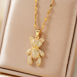 Золотой Элегантные латунные прозрачные кубические цирконии мультяшные медвежьи подвески ожерелья, золотые, 15.75 дюйм (40 см)