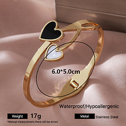 Heart 304 Stainless Steel Black Enamel Hinged Cuff Bangles with Natural White Shell for Women, Golden, Heart, Inner Diameter: 2.36 inch(6cm)