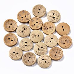Mixed Color 2-Hole Carved Wooden Buttons, Flat Round, BurlyWood, 20x5mm, Hole: 2mm, about 600pccs/500g