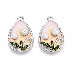 Платина Стойки обшивки сплава эмали подвески, слеза и лист, с ABS имитации жемчуга, платина, 27x17.5x5.5 мм, отверстие : 1.8 мм