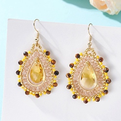 Тигровый глаз Серьги-подвески в форме капли, выполненные из бисера и стекла., с натуральным тигровым глазом и 304 крючками для сережек из нержавеющей стали, золотые, 54.5x30.5 мм