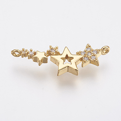 Golden Brass Micro Pave Cubic Zirconia Links, Lead Free & Cadmium Free, Star, Golden, 8x23x2mm, Hole: 0.8mm