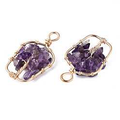 Amethyst Natural Amethyst Pendants, Golden Tone Brass Wire Wrapped, Tree, Bottle, 37~38x21.5~22.5x4.5~7.5mm, Hole: 4mm