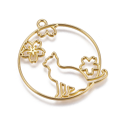 Золотой Подвески с открытой спиной в виде котенка из цинкового сплава, для diy уф смолы, эпоксидная смола, Прессованные цветочные украшения, плоский раунд с кошкой и сакурой, золотые, 38.5x35.5x2 мм, отверстие : 2 мм