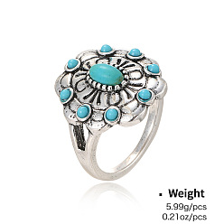 Flower Alloy Resin Finger Rings, Antique Silver, Flower, 18mm