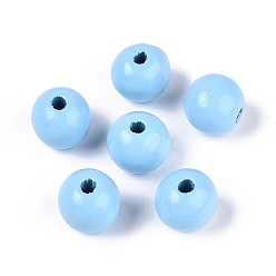 Светло-Голубой Круглые бусины из натурального дерева схима, окрашенные распылением, Небесно-голубой, 13~14x12.9 мм, отверстие : 2.8~3.5 мм