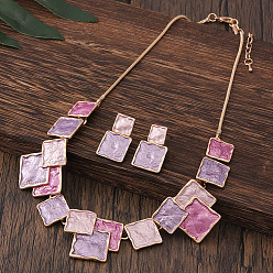 Сливовый Комплекты квадратных ожерелий с подвесками из цинкового сплава и серег-гвоздиков, слива, 420 мм