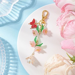 Красный Акриловые цветочные подвески, украшения, с карабинами-карабинами из сплава и подвесками в виде бабочек из сплава с эмалью, красные, 101.5 мм