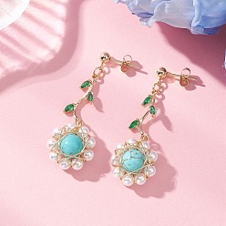 Бирюза Цветок 304 Серьги-гвоздики из нержавеющей стали с кубическим цирконием, с синтетической бирюзой и латунной фурнитурой для сережек, золотые, 46x16.5 мм