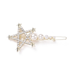 Light Gold Alloy Crystal Rhinestone Hair Barrettes, with Plastic Beads, Star, Light Gold, 68x35x13mm