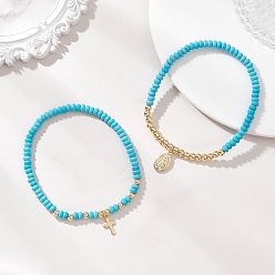 Синтетическая Бирюза 2шт. синтетические бирюзовые бусины эластичные браслеты, 304 женские браслеты с подвесками из нержавеющей стали, крест и девственница, внутренний диаметр: 2.17~2.28 дюйм (5.5~5.8 см)