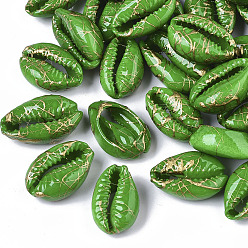 Green Spray Painted Natural Cowrie Shell Beads, Drawbench, No Hole/Undrilled, Green, 18~21x12~15x7mm