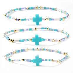 Темно-Голубой 3 Браслет из эластичной ткани с подвеской в виде богемного креста, выполненный из стеклянных и латунных бусин, для женщин., глубокое синее небо, 6.50 дюйм (16.5 см)