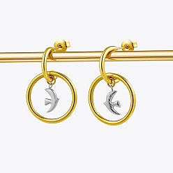 Real Gold Plated & Stainless Steel Color 316 Surgical Stainless Steel Stud Dangle Earrings for Women, Bird, Real Gold Plated & Stainless Steel Color, 30mm