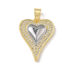 Настоящее золото 18K Двухцветные латунные подвески с микропаве из прозрачных кубических цирконий, сердце прелести, стойки покрытие, долговечный, без кадмия и без свинца, реальный 18 k позолоченный, 26x20x3 мм, отверстие : 4.5x7 мм